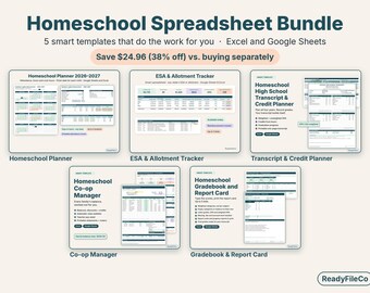 Paquete para la educación en casa: Planificador, registro de calificaciones, rastreador de ESA, expediente académico y gestor de cooperativas, Google Sheets y Excel.