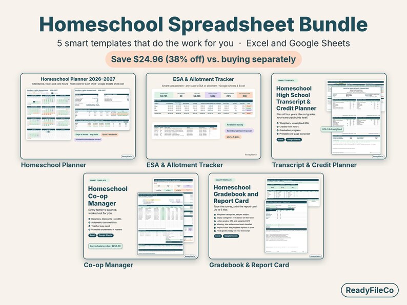Homeschool spreadsheet bundle with five templates: planner, ESA tracker, transcript, co-op manager and gradebook