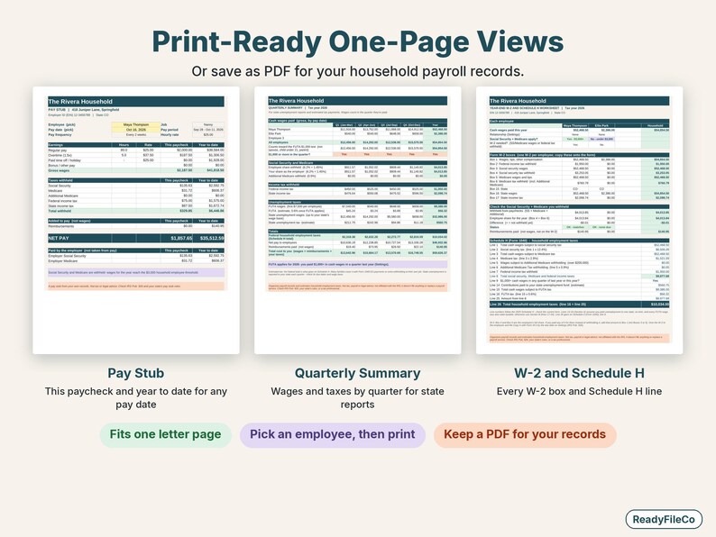 Printable one-page pay stub, quarterly summary and W-2 and Schedule H pages side by side
