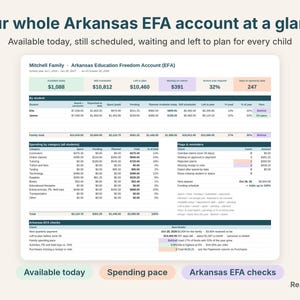 Arkansas EFA dashboard with available today, still scheduled, left to plan and pace for each child