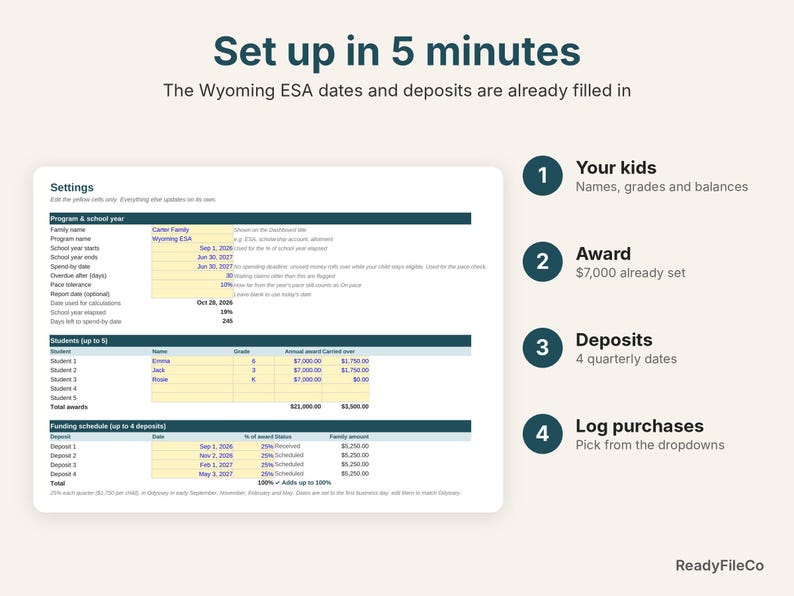 Settings tab already set up with Wyoming ESA 2026-27 dates, awards and deposits