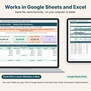 Medical bill tracker spreadsheet shown on a laptop in Excel and on a tablet in Google Sheets