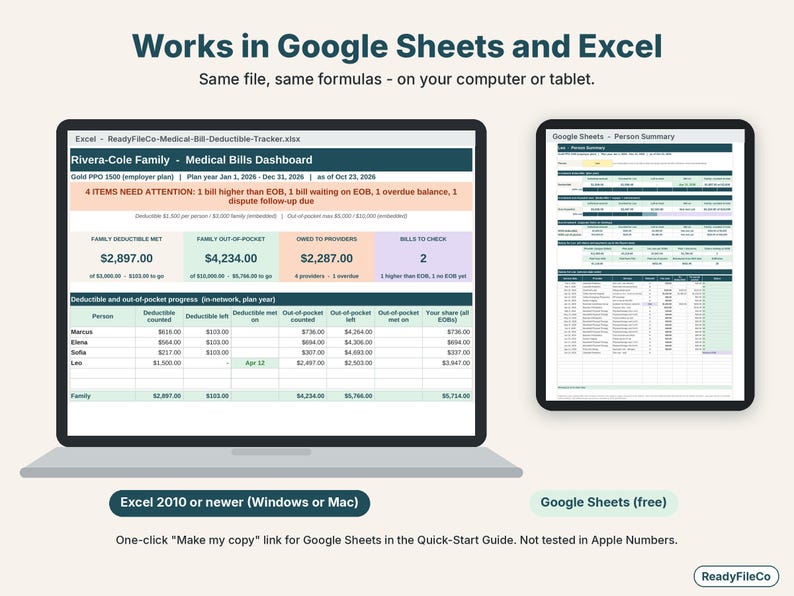 Medical bill tracker spreadsheet shown on a laptop in Excel and on a tablet in Google Sheets