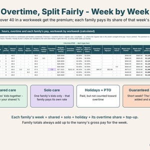 Weekly nanny timesheet summary with overtime hours, regular rate and the premium split between two families