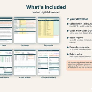 What's included: Start Here, Settings, Payments, Family Statement, Class Roster and Co-op Summary tabs