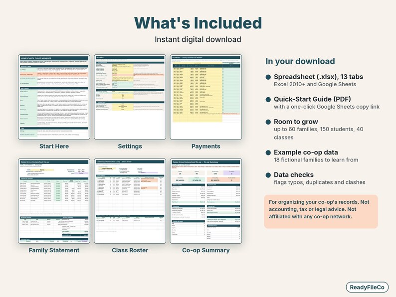 What's included: Start Here, Settings, Payments, Family Statement, Class Roster and Co-op Summary tabs