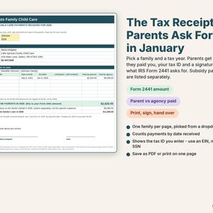 Printable year-end child care payment statement for parents with the Form 2441 total, tax ID and signature line