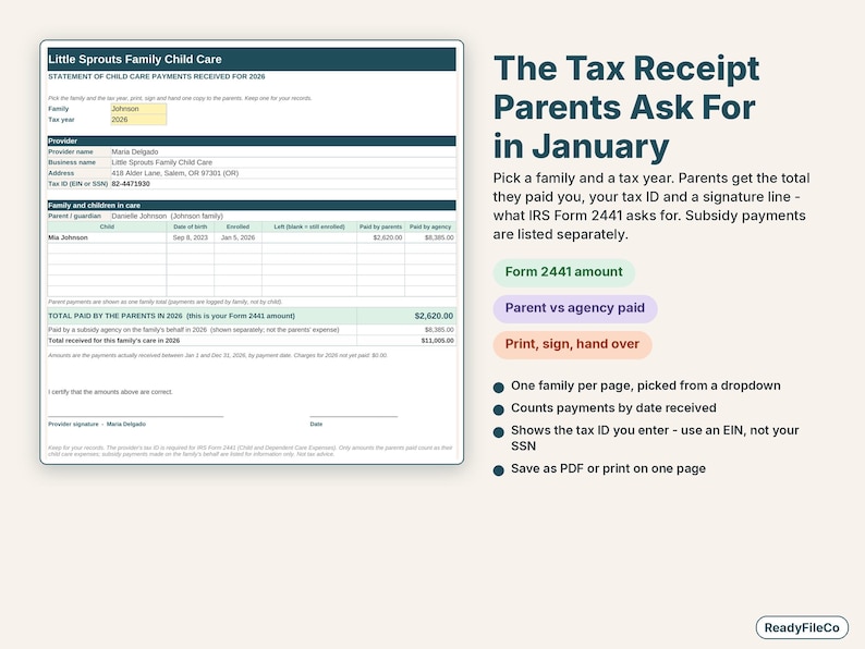 Printable year-end child care payment statement for parents with the Form 2441 total, tax ID and signature line
