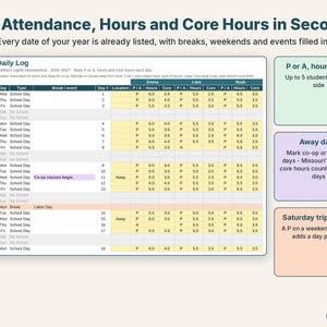 Daily attendance and hours log with core hours and away days for three homeschool students
