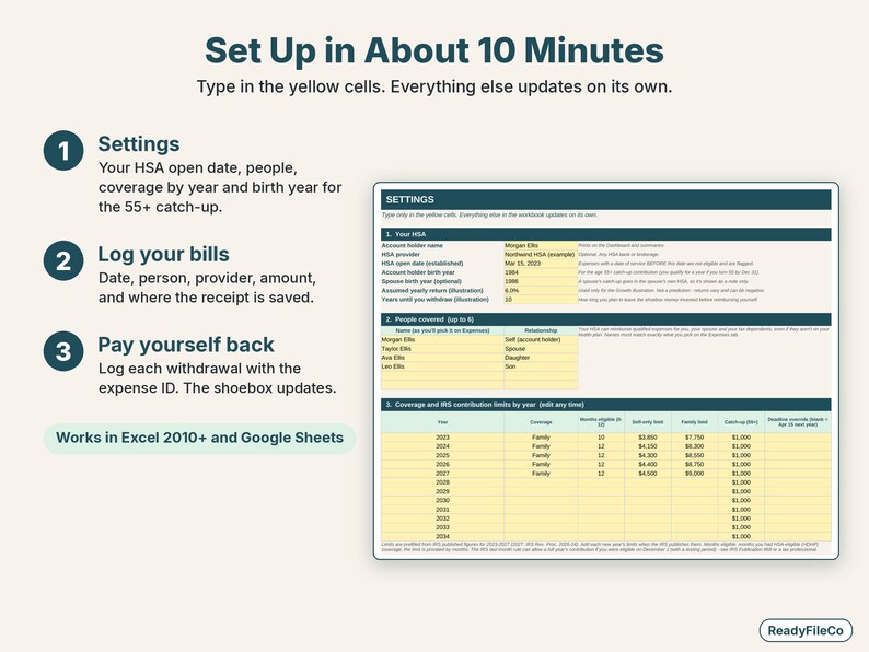 Easy setup in three steps: Settings, log your medical bills, then log each reimbursement