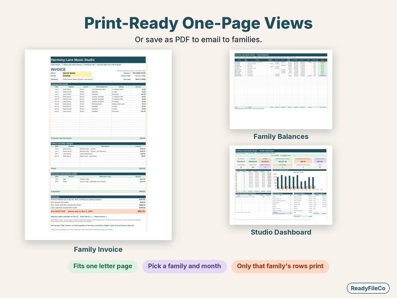 Printable one-page family invoice, family balances and studio dashboard side by side