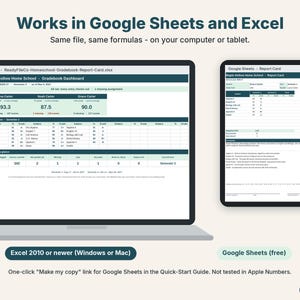 Homeschool gradebook shown on a laptop in Excel and on a tablet in Google Sheets