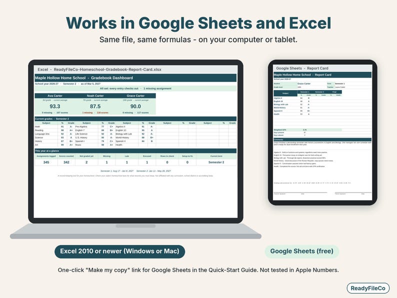 Homeschool gradebook shown on a laptop in Excel and on a tablet in Google Sheets