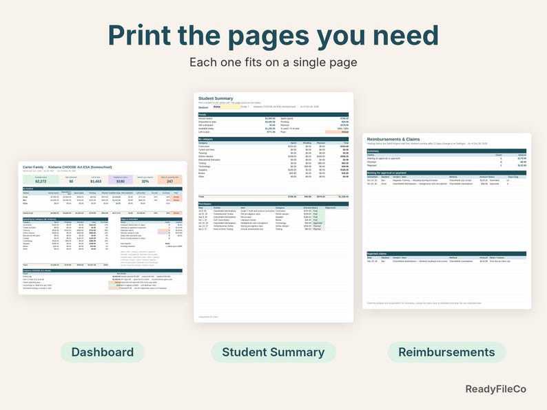 Printable Alabama CHOOSE Act dashboard, student summary and reimbursements pages