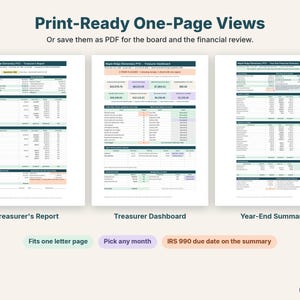 Printable one-page treasurer's report, treasurer dashboard and year-end financial summary side by side