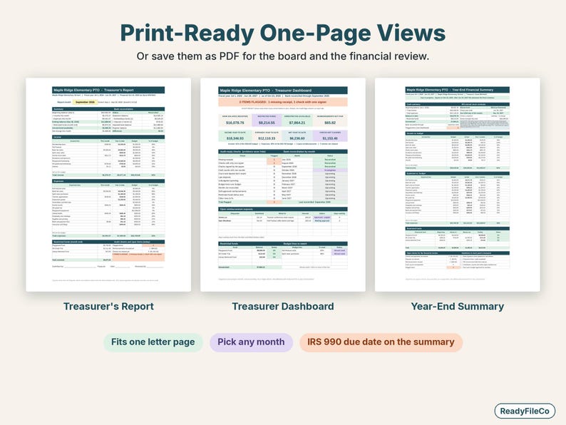 Printable one-page treasurer's report, treasurer dashboard and year-end financial summary side by side
