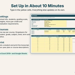 Easy setup in three steps: Settings, Courses and Print, works in Excel and Google Sheets