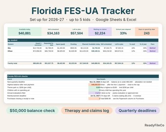 Florida FES-UA Tracker Spreadsheet, Unique Abilities Scholarship Reimbursement Log, Google Sheets and Excel