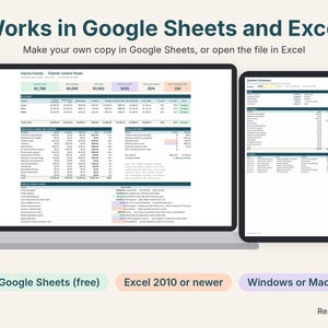 California charter funds tracker on a laptop and a tablet, works in Google Sheets and Excel
