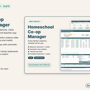 Homeschool co-op manager with family balances, waitlists and a printable family statement