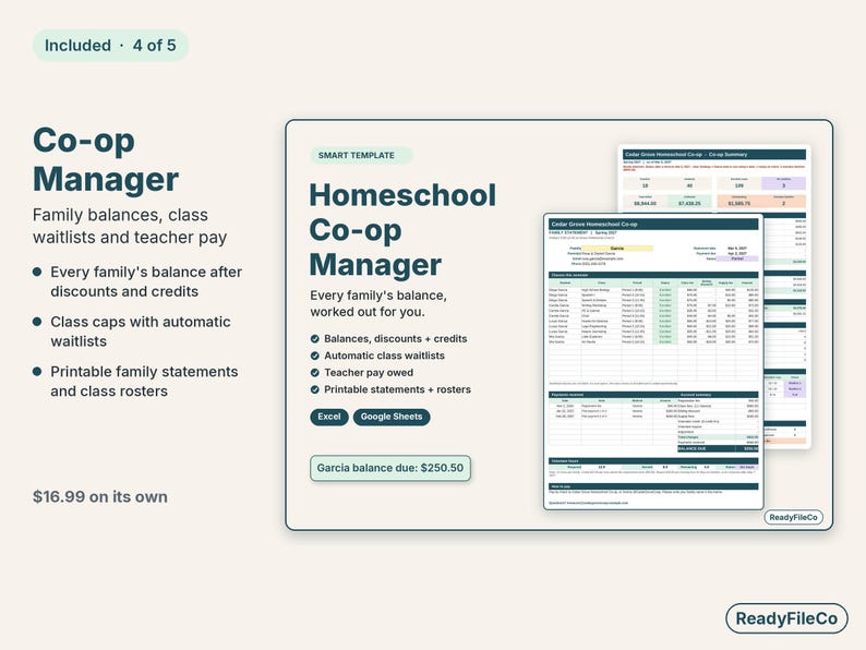 Homeschool co-op manager with family balances, waitlists and a printable family statement