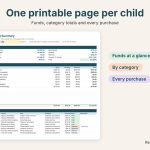 Printable one-page student summary with Texas TEFA funds, categories and purchases
