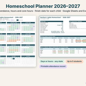Homeschool planner spreadsheet with a year calendar and a dashboard showing each child's finish date