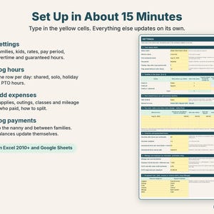Easy setup in four steps: settings, log hours, add shared expenses, log payments to the nanny