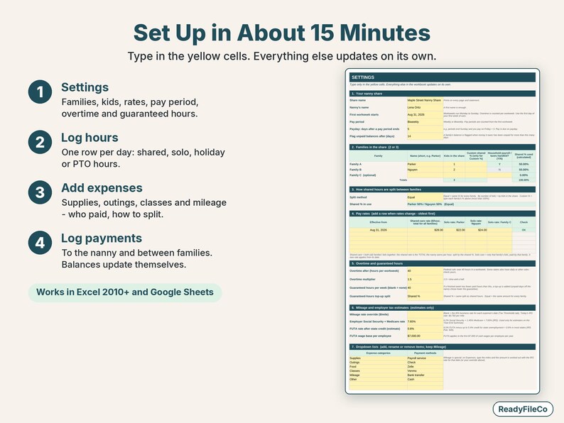 Easy setup in four steps: settings, log hours, add shared expenses, log payments to the nanny