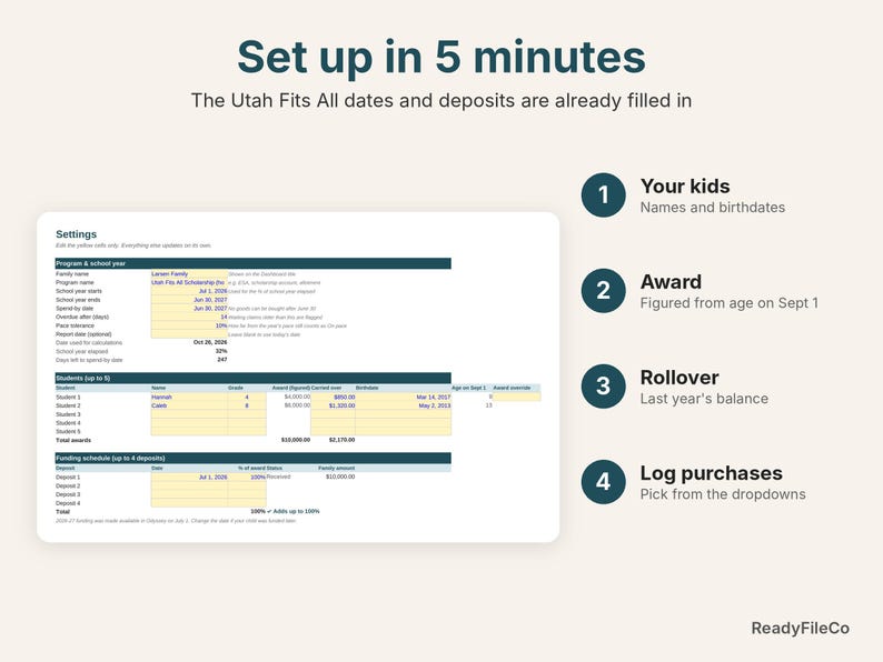 Settings tab already set up with Utah Fits All 2026-27 dates, awards and deposits