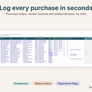 Purchases log with school purchase orders, vendor invoices and reimbursements, status colors and paperwork flags
