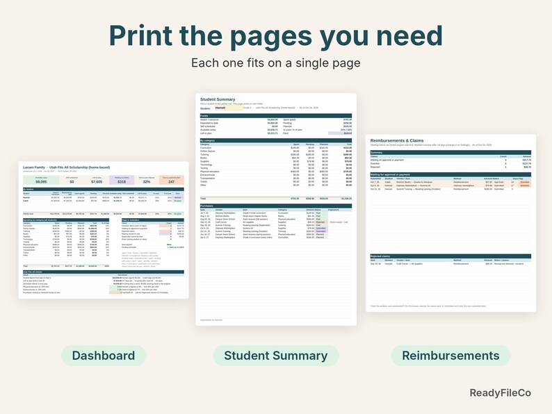 Printable Utah Fits All dashboard, student summary and reimbursements pages