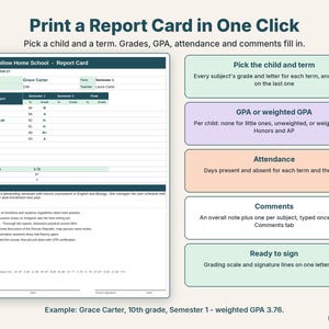 Printable homeschool report card with grades, weighted GPA, attendance, teacher comments and signature lines