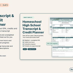 High school transcript and credit planner with weighted GPA and a printable transcript