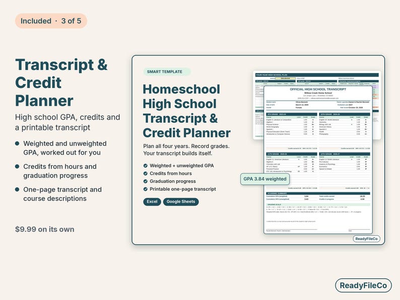 High school transcript and credit planner with weighted GPA and a printable transcript