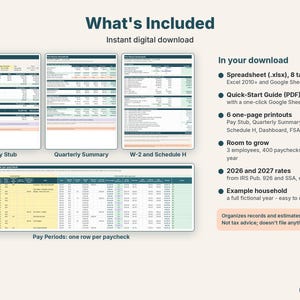 What's included: pay stub, quarterly summary, W-2 and Schedule H page and the pay periods log