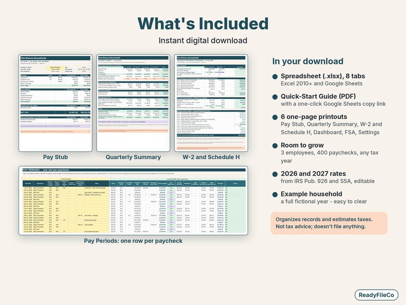 What's included: pay stub, quarterly summary, W-2 and Schedule H page and the pay periods log