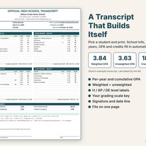 Printable homeschool transcript generated automatically with per-year and cumulative weighted GPA