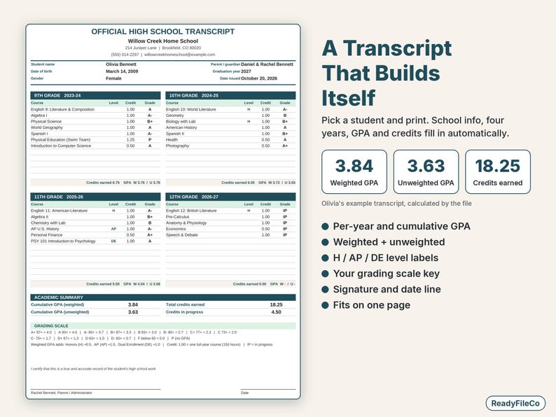Printable homeschool transcript generated automatically with per-year and cumulative weighted GPA