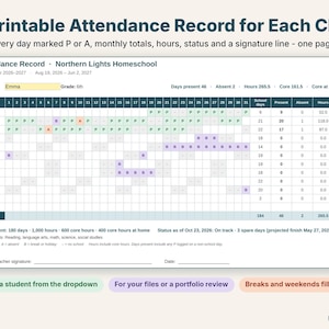 Printable one-page homeschool attendance record with every day marked present or absent and monthly totals