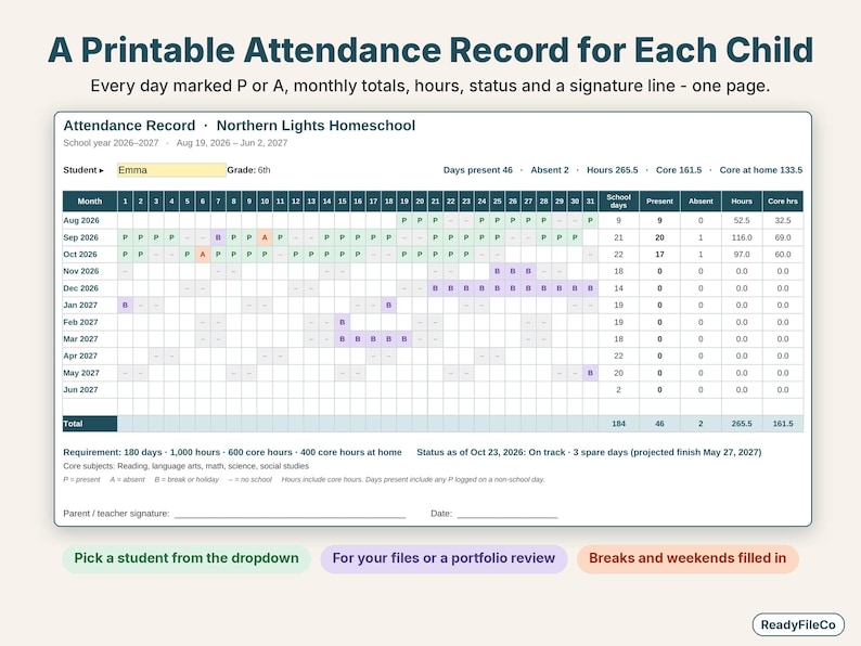 Printable one-page homeschool attendance record with every day marked present or absent and monthly totals