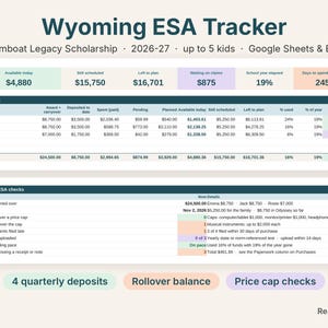 Wyoming ESA tracker spreadsheet dashboard showing available funds per child and Wyoming ESA checks