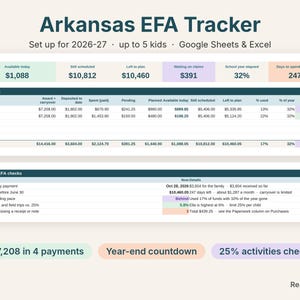 Arkansas EFA tracker spreadsheet dashboard showing available funds per child and Arkansas EFA checks