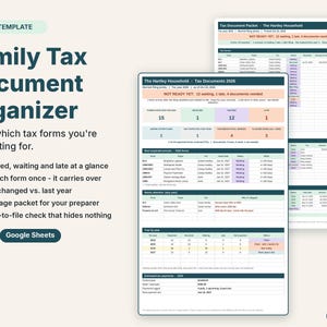 May include: A digital family tax document organizer template for Excel and Google Sheets. The interface displays status trackers for received, waiting, and late tax forms, featuring summary tables, color-coded progress bars, and document lists.