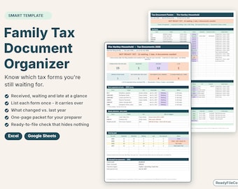 Puede incluir: Una plantilla digital de organizador de documentos fiscales familiares para Excel y Google Sheets. La interfaz muestra rastreadores de estado para formularios recibidos, pendientes y atrasados, con tablas resumen y listas detalladas.