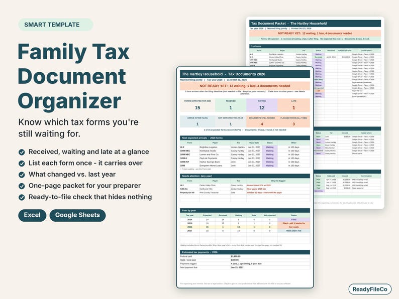 Family tax document organizer spreadsheet with a dashboard showing tax forms received, waiting and late