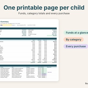 Printable one-page student summary with NH EFA funds, categories and purchases
