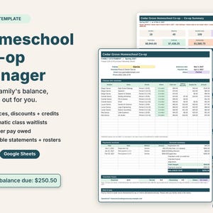 Homeschool co-op manager spreadsheet with a printable family statement and co-op summary dashboard