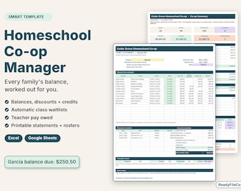 Puede incluir: Una plantilla digital titulada Homeschool Co-op Manager para Excel y Google Sheets. Muestra un estado de cuenta familiar para la familia García con un saldo pendiente de $250.50, junto a una tabla de resumen de la cooperativa con datos.