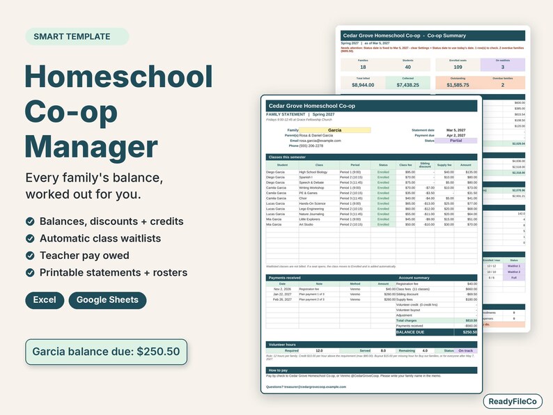 Homeschool co-op manager spreadsheet with a printable family statement and co-op summary dashboard